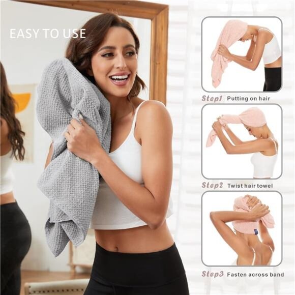 Large Microfiber Hair Towel Wrap for Women, Anti Frizz Hair Drying Towel - Picture 5 of 7